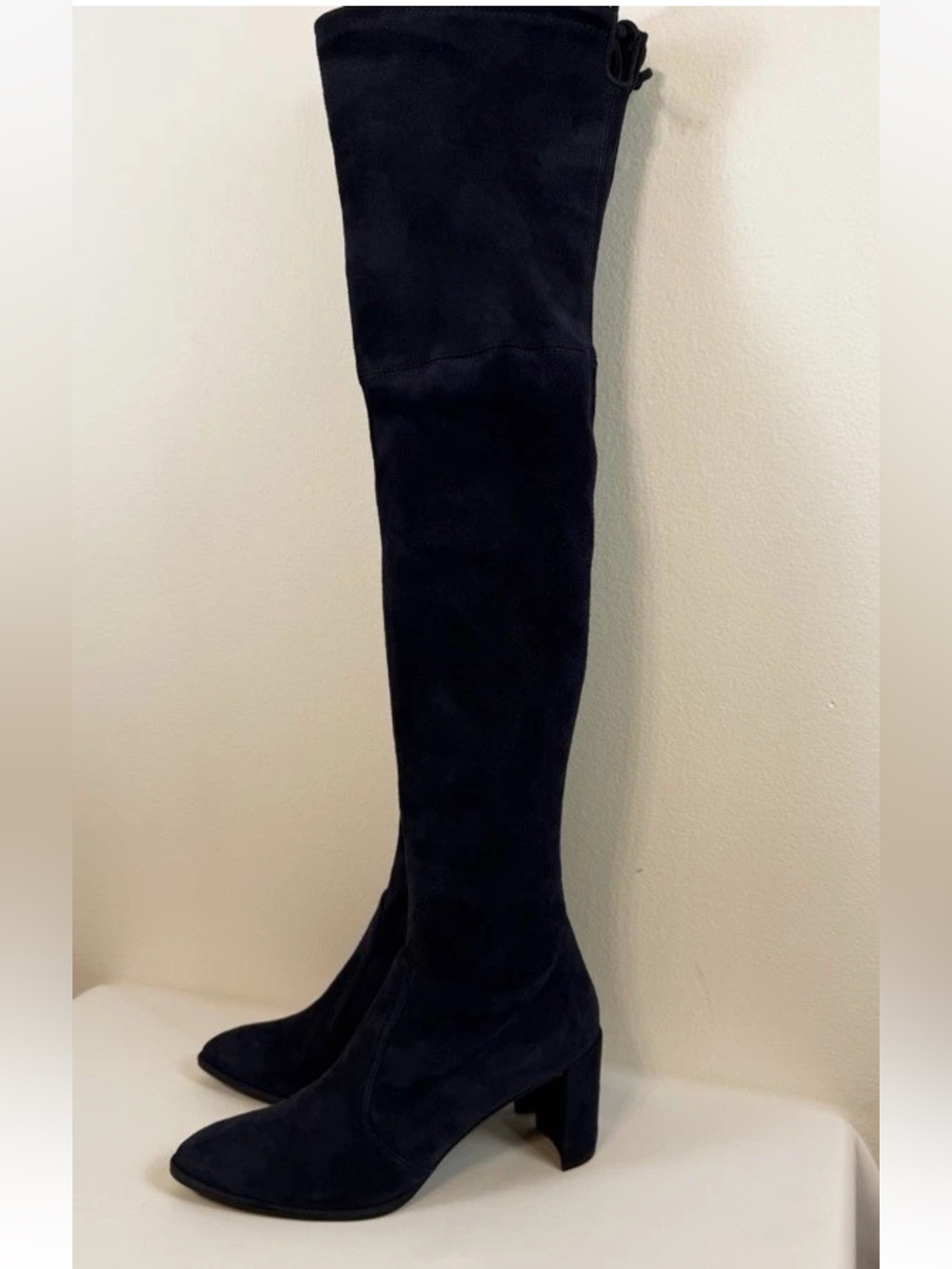 US 8.5 M Spain Stuart Weitzman Boots Over Knee Suede Heel Almond Toe Blue